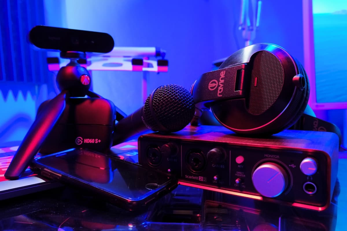 A streaming setup with microphone and RGB lights